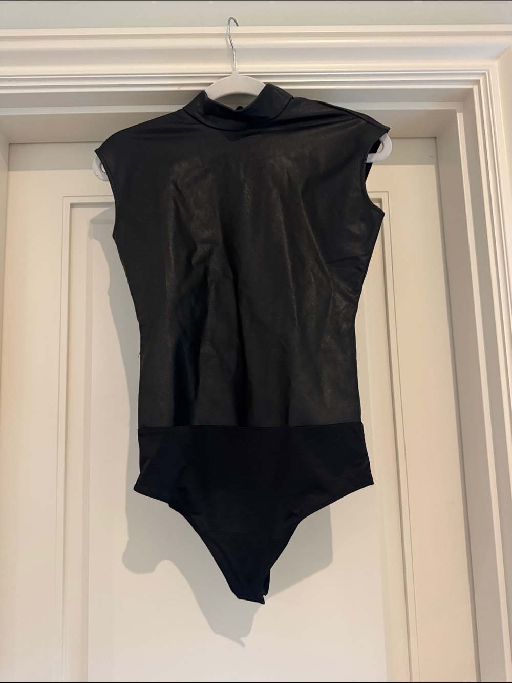 SPANX Black Sleeveless Mock Neck One-Piece faux leather Bodysuit